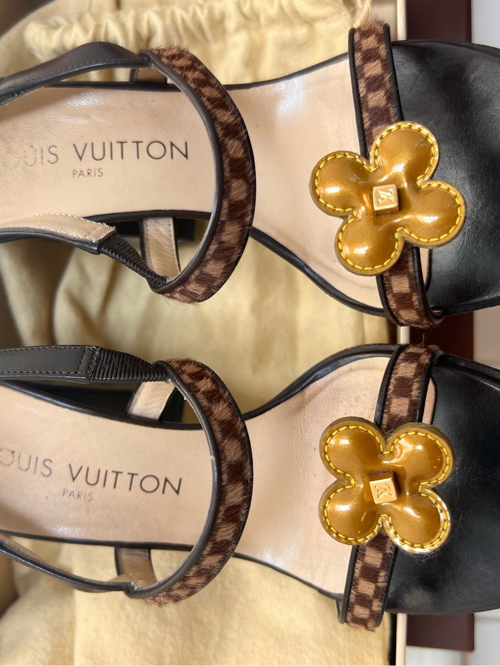 Louis Vuitton Floral Damier Ebene Calf Hair & Leather Heels - Picture 16 of 17